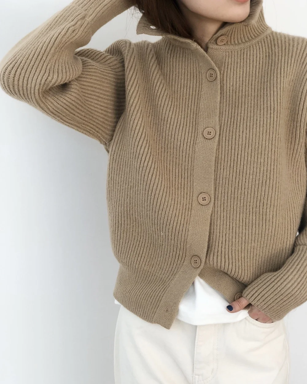 Women's Autumn Winter Lean Lazy Wind High Neck Single Breasted Knitted Cardigan Loose Sweater Solid Color Coat |