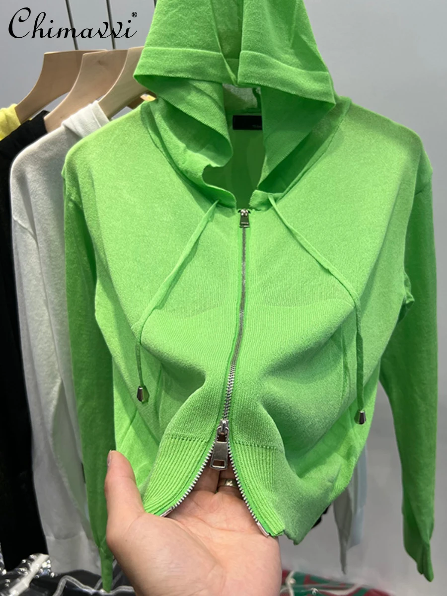 

2022 Autumn Female New Fashion Elegant Double Zipper Sweater Cardigan Coat Women's Simple Casual Solid Color Short Hooded Coat