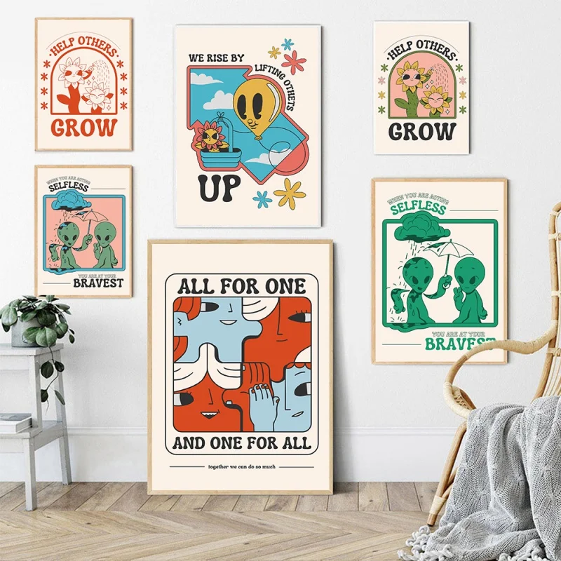 

Trendy Abstract Face Flower Retro Quote Wall Art Poster Decor Alien Friendship Canvas Painting Grimace Groovy Print Homepage