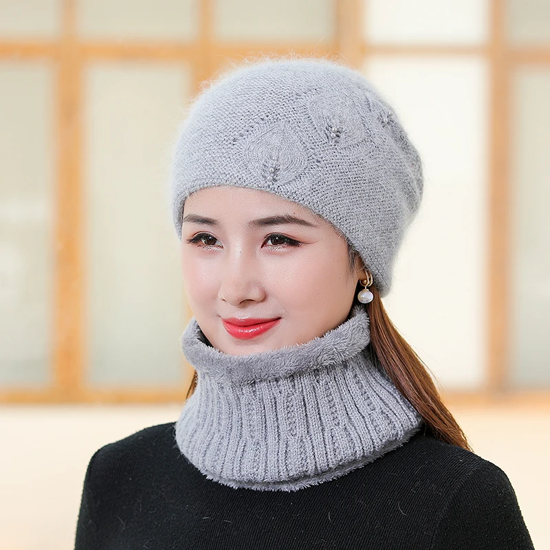

New Winter Knitted Berets Add Fur Lined Beanie Cap Scarf Thick Warm Set For Female Fashion Rabbit Fur Knitted Hat Ladies Gift