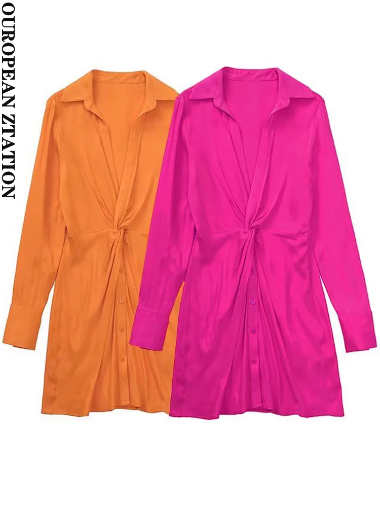 

PAILETE Women 2022 fashion with knotted soft touch mini dress vintage long sleeve side zipper female dresses vestidos mujer