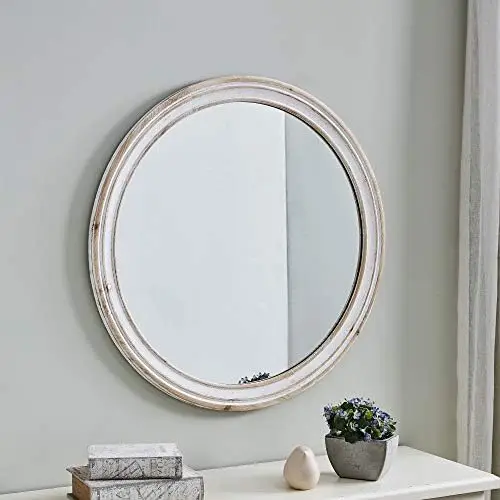 

& Co. Gray Clybourne Wall Mirror, Vintage Decor for Bedroom and Bathroom Vanity, Round, Wood, Farmhouse, 30 Inches, Grey