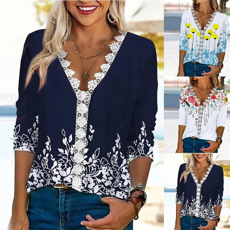 

Women Spring Summer Fashion Clothing Casual Loose Sexy Lace V-Neck Solid Color Printed Seventh Sleeve T-shirt