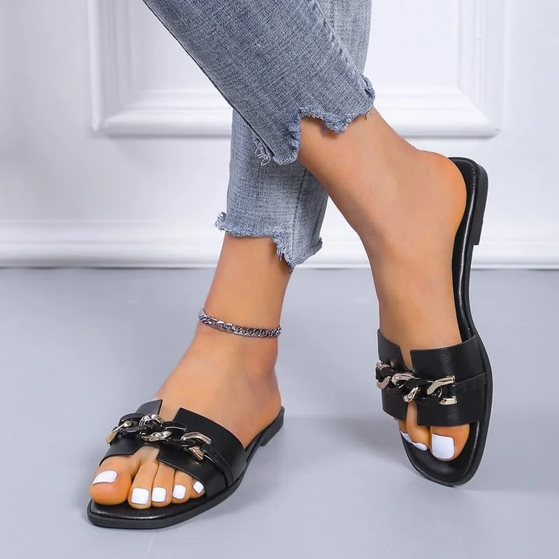 2022 Ladies Summer Slippers Square Toe Chain Slippers Flat Low Non-Slip Sandals Beach Flip Flop Casual Shoes Ladies Large Size