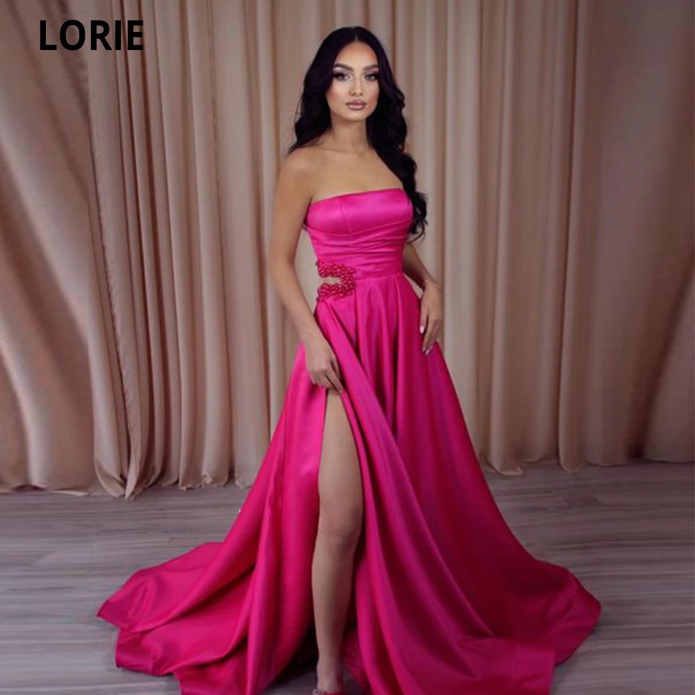 

LORIE Fuchsia Strapless A-line Prom Dresses 2023 Luxury Pearls Leg Slit Robes De Soirée Party Dresses Formal Occasion Dresses