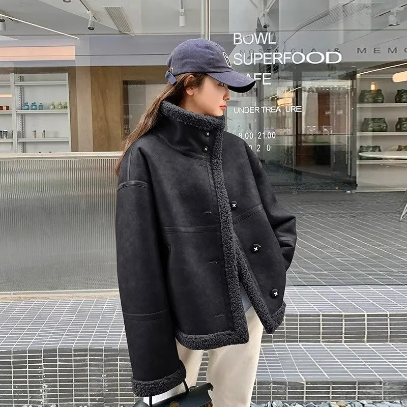 2024 Autumn and Winter New Double-sided Wear Fur Integrated Lamb Wool Outerwear Women Short Maillard Design Sense Motorcycle ...