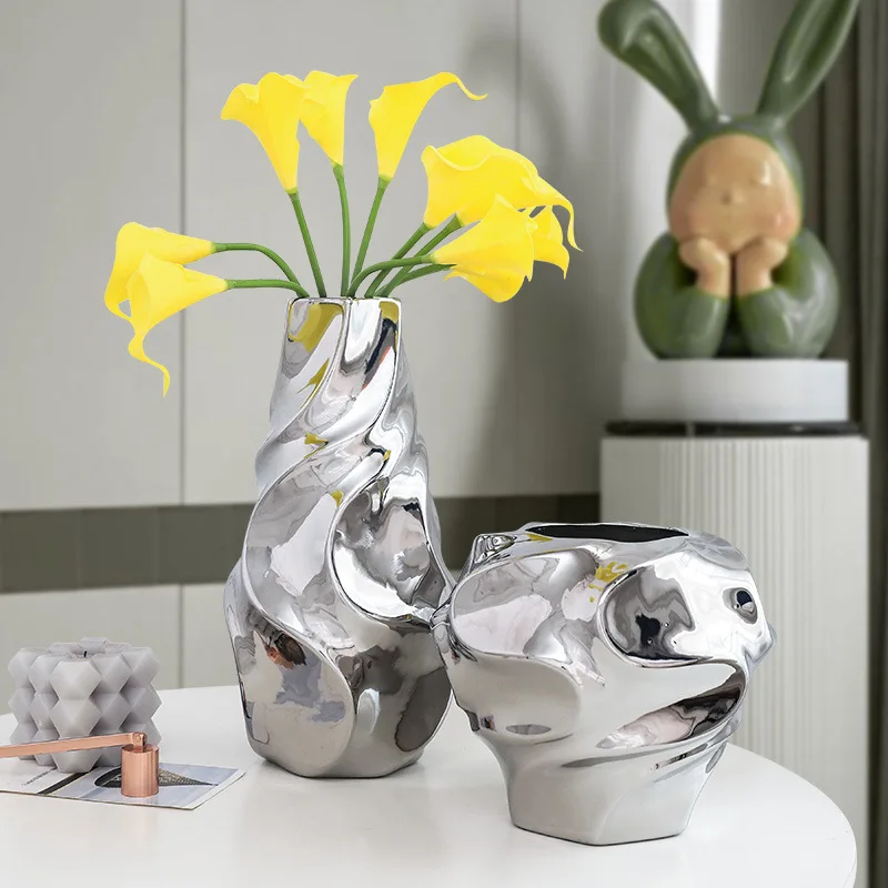 

Luxury Flower Vases Figurines Nordic Irregular Corrugated Plating Silver Flower Pots Home Living Room Decoration Ornaments Gifts