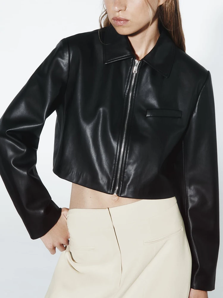 

Женская укороченная куртка из искусственной кожи, короткая куртка на молнии с отворотом и длинным рукавом, пальто, модные ВИНТАЖНЫЕ пальто, женские топы Y2k, 2023