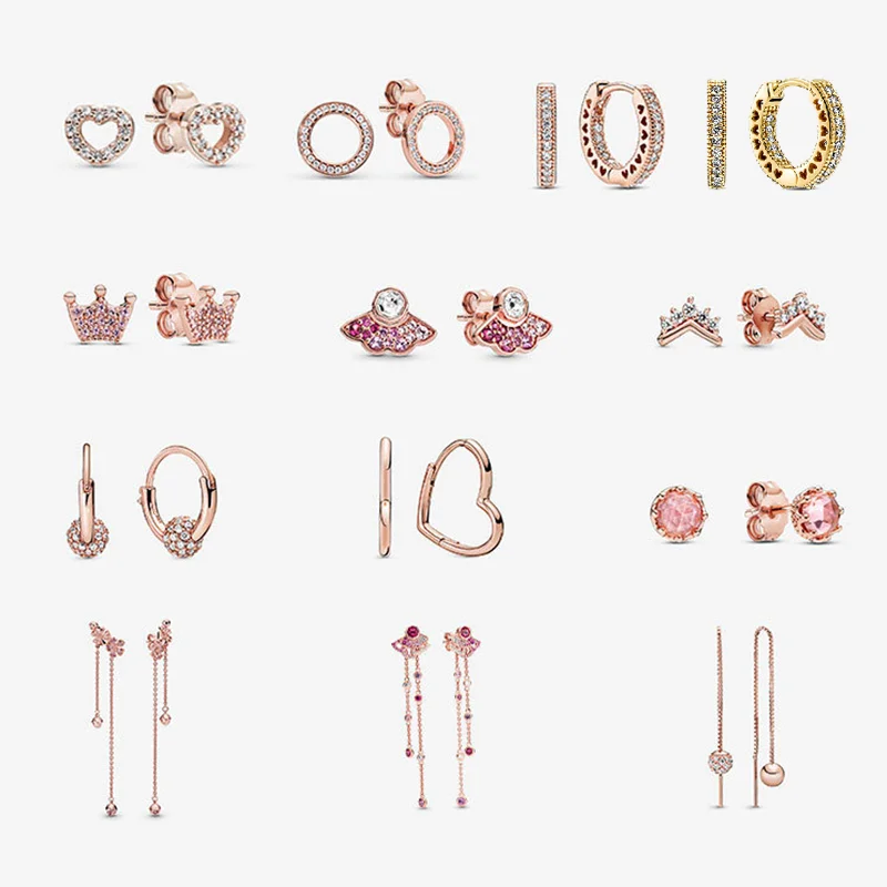 LR Pan-Style 925 Silver Tassel Earrings Korean Fashion Simple Earrings Female Pink Crown Rose Gold Earrings Full Diamond Pink