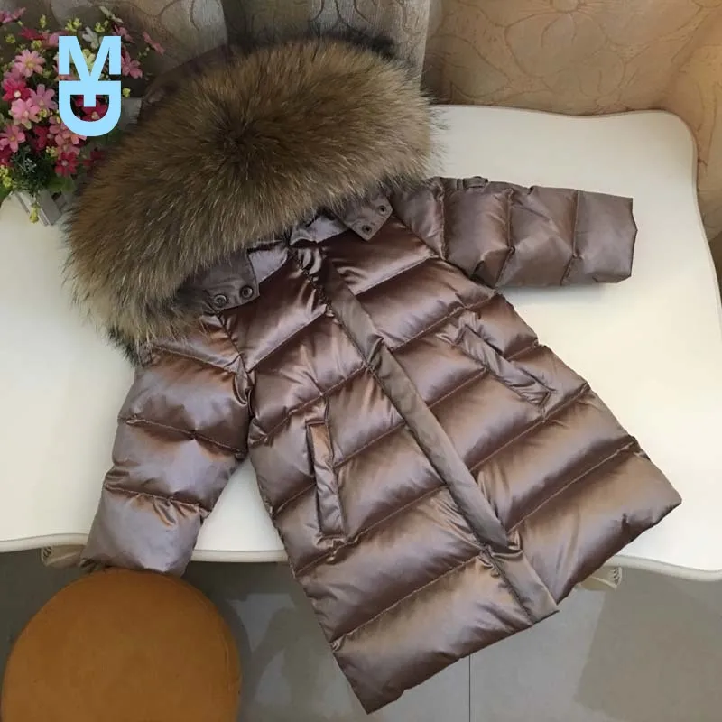 

New Winter Children Long Jacket Boys 90% White Duck Down Snow Wear Girl Thick Super Large Nature Fur Collar Down Coats Parka