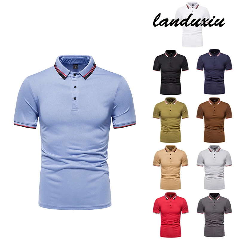 

2022 Summre New Solid Color T-shirt Collar Cuff Striped Stitching Contrast Color Men's Short-Sleeved POLO Shirt landuxiu