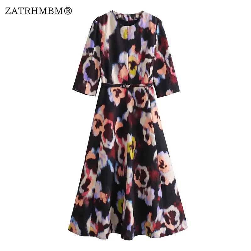 

ZATRHMBM женское осеннее новое модное платье миди с поясом и принтом винтажные элегантные женские платья с длинным рукавом Vestidos Mujer 2023