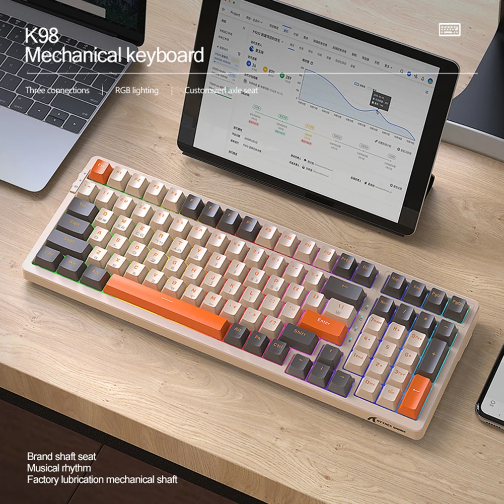 

Игровая клавиатура K98 с RGB-подсветкой, совместимая с Bluetooth, механическая клавиатура, USB геймерская клавиатура, беспроводная клавиатура 2,4G для компьютера, ноутбука, ПК