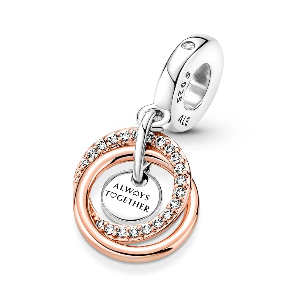 Pandora-Double Halo Coussins Dangle Charm for Women, Always Encercled Family, Rotterdam Kling, DIY Executive Bracelets Gifts, Mother's Day 2