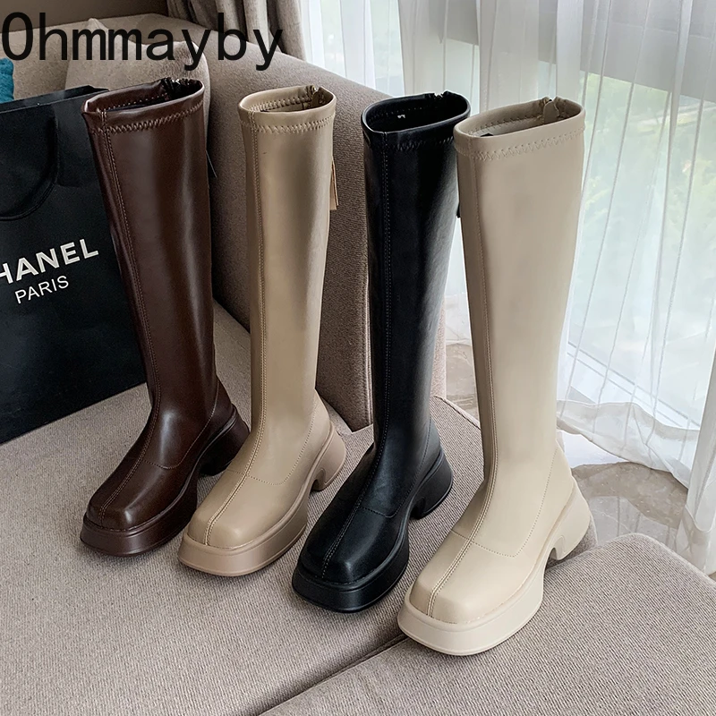 2022 Winter Platform Women Long Boot Back Zipper Ladies Elegant Soft PU Leather Knee-High Boots New Thick Sole Keep Warm Shoes
