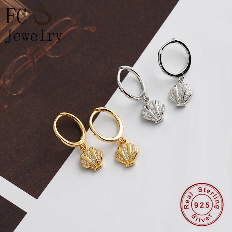 

FC Jewelry 925 Silver Round Gold Color Circle With Sea Shell Zirconia Pendant Piercing Hoop Earrings For Women's Brinco 2020 NEW
