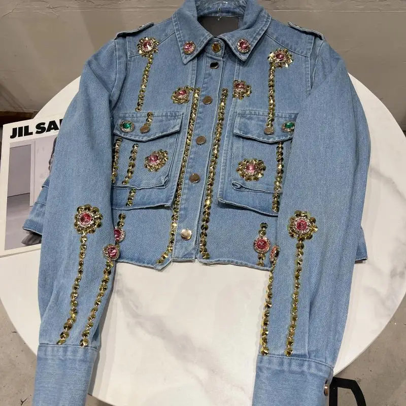 Small Fragrance Colorful Rhinestone Bead Denim Jacket Women Chain Heavy Industry Design Short Outwear