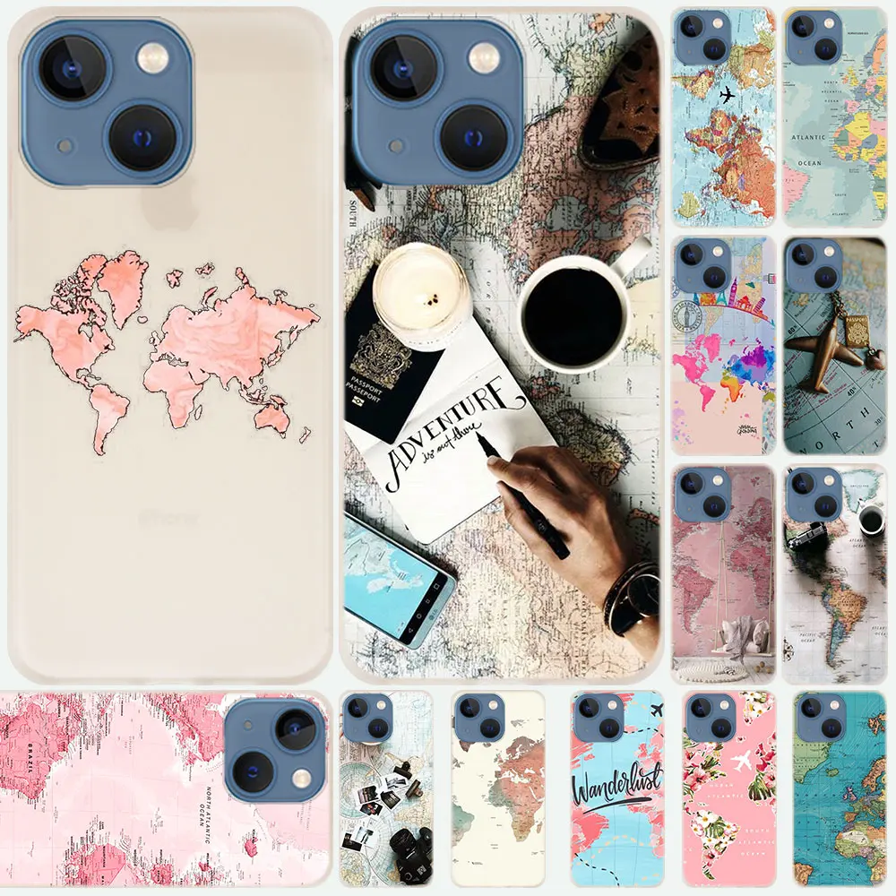 

Silicone Soft Coque Shell Case For Apple iPhone 14 13 12 11 Pro X XS Max XR Plus Mini SE 2020 Cover World map airplane travel