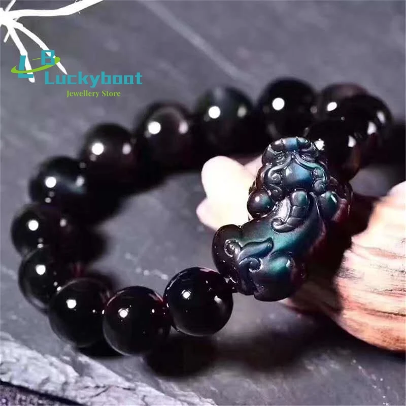 

Men's Pixiu Bracelet Attract Wealth Transfer Luck Women Buddha Beads 3A Natural Rainbow Eye Obsidian Stone Bracelet Dropship