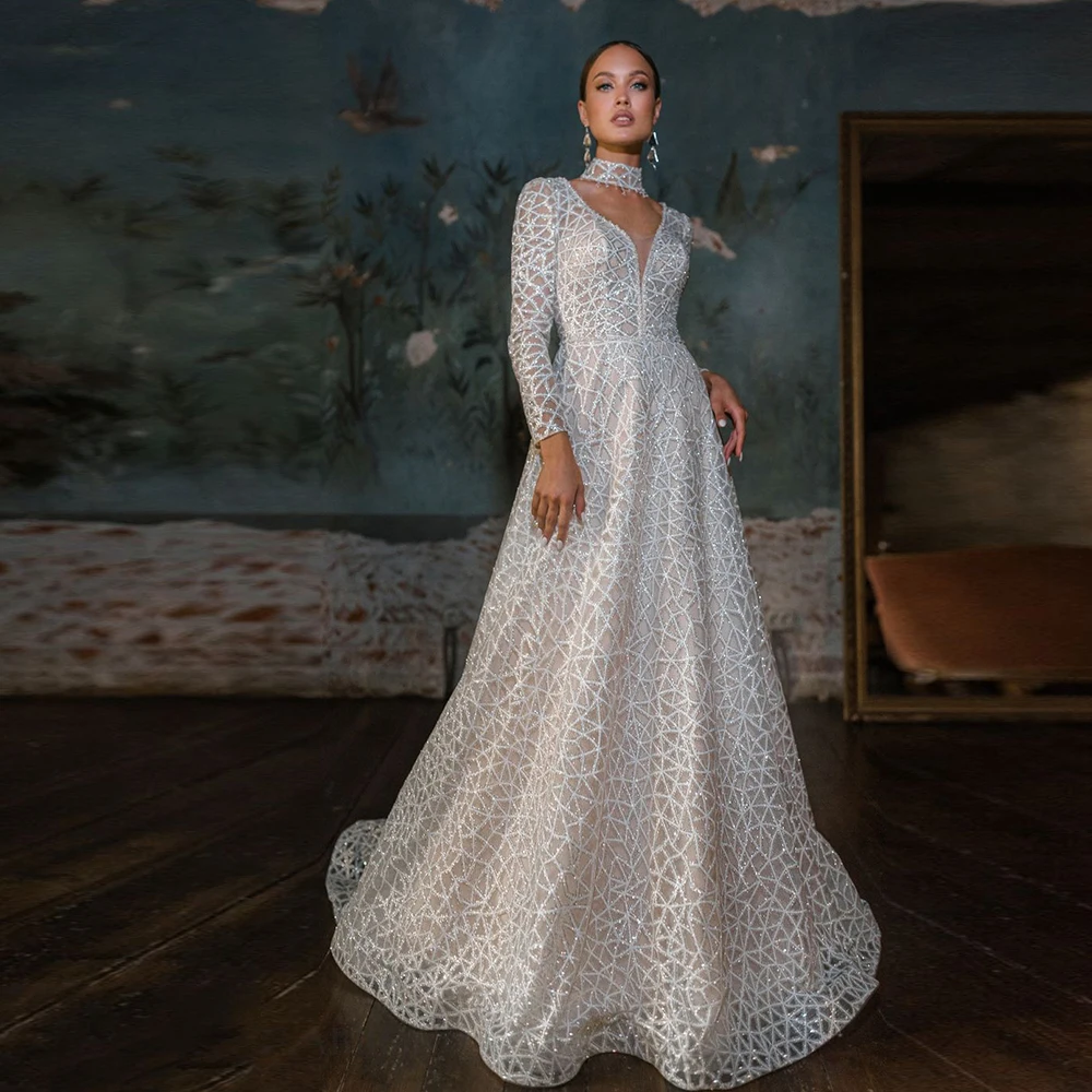 

Bohemian Lace Wedding Gown For Bride V Neck Long Sleeve Floor Length A Line Modern Bridal Dresses Button Back Robe De Mariage