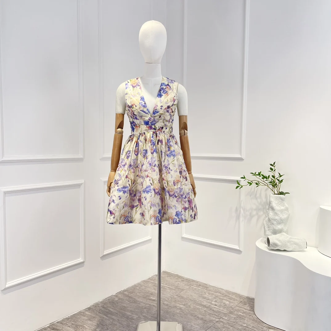 

Женское Плиссированное мини-платье, элегантное пляжное платье высшего качества с V-образным вырезом, цветочным принтом, со складками, без рукавов, весна-лето 2023