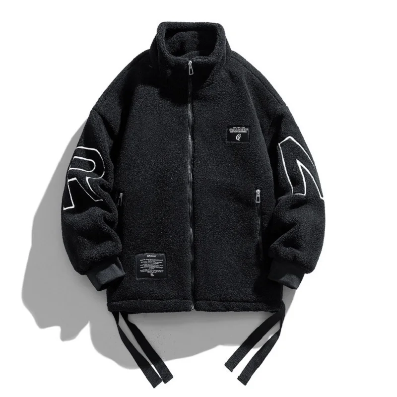 Couples Grain Fleece Jackets Japanese Fashion Imitation Lamb Wool Embroidery Winter Thickened Warm Jacket Outdoor Sports Coat