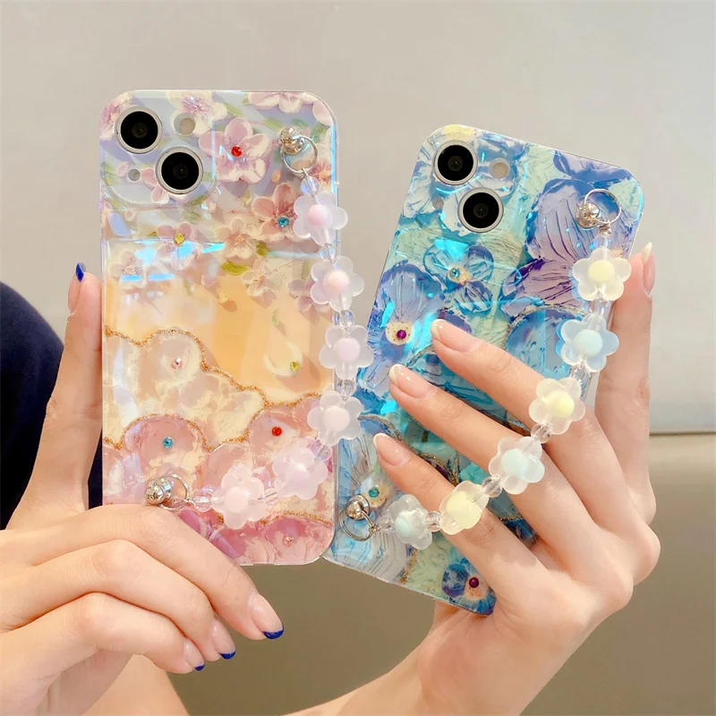

Fashion Flower Blu-ray Painting Bracelet Case For VIVO Y20 Y17 Y21 V21 V21E Y15S S10 S12 S15Pro Y77 V25 Y35 A97 IQOO NEO7 Cover