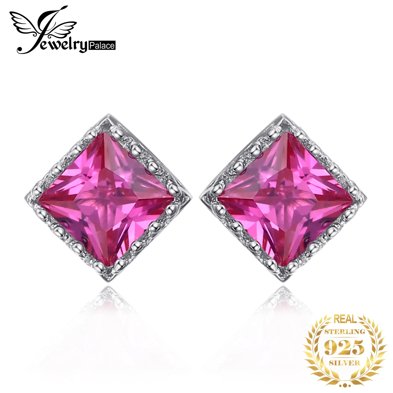

JewelryPalace Square 1.6ct Created Pink Sapphire 925 Sterling Silver Stud Earrings for Woman Gemstone Fine Jewelry Trendy Gift