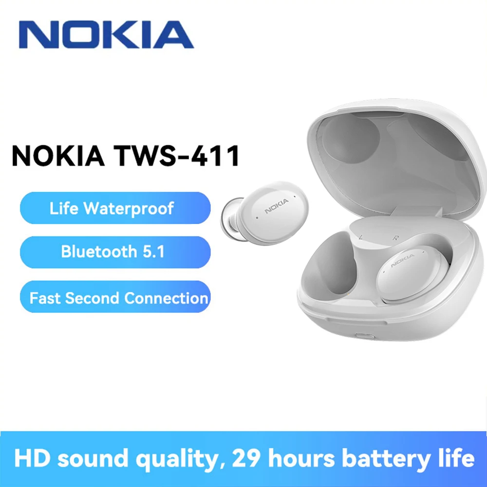 

Nokia Wireless Earphone TWS-411 With Mic Noise Cancelling Bluetooth 5.1 Headphones IPX5 Waterproof Headsets HIFI Stereo Earbuds