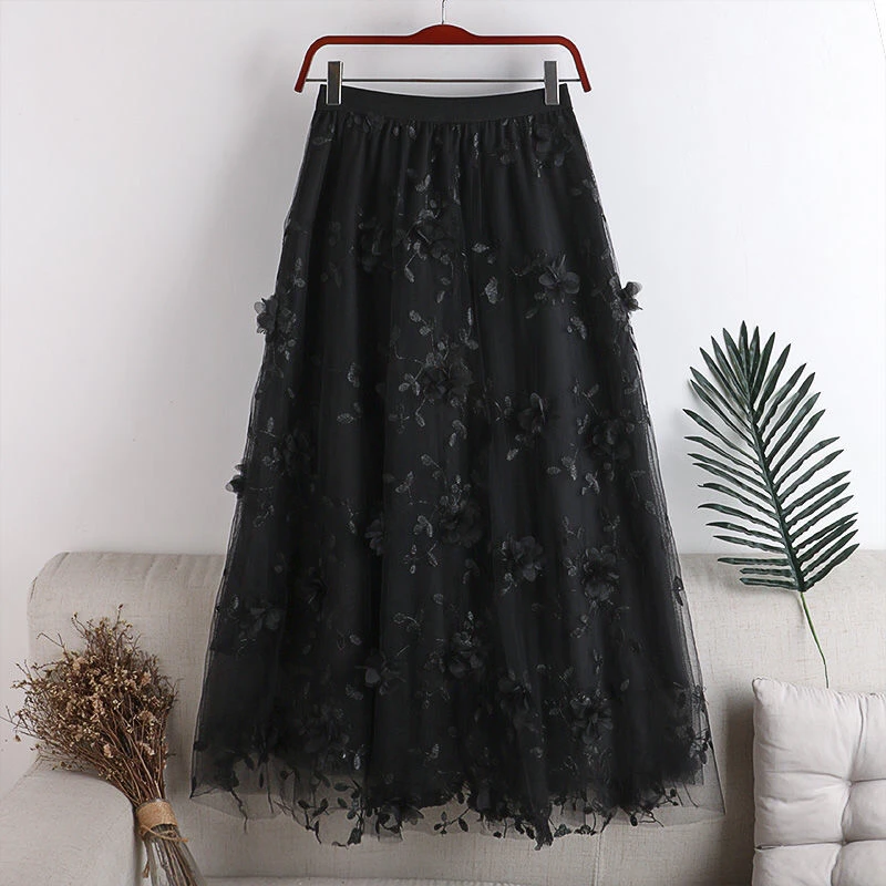 

Luxury Woman Skirts 2022 Korean style Fashion Elastic Waist Appliques Embroidery Floral Mesh Skirt Long Gauze Ball Gown Skirt