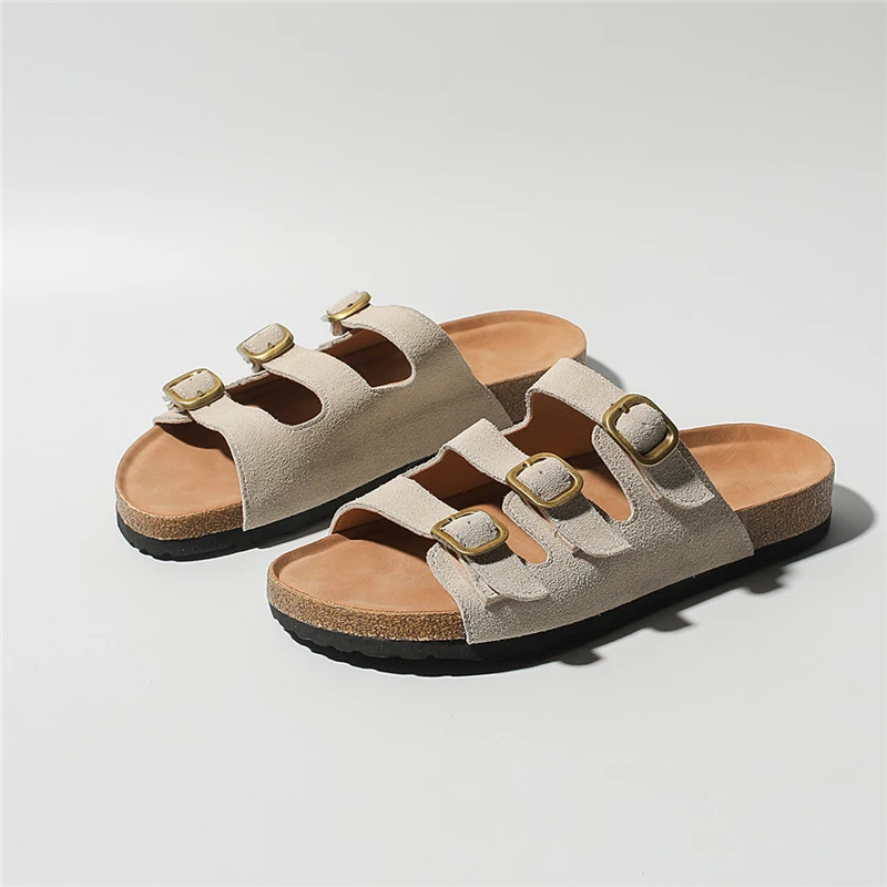 Real Leather Women Suede Slippers Summer Soft Cork Buckle Flip Flops Women Casual Woman Shoes Sandals