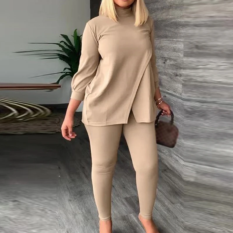 

Осенний пуловер с длинным рукавом и высоким воротником средней длины с разрезом, топ и брюки-карандаш, Женский Повседневный Модный облегающ...