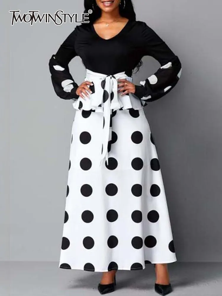 

TWOTWINSTYLE Hit Color Polka Dot Dresses For Women V Neck Lantern Sleeve High Waist frill Trim A Line Folds Dress Female Clothes