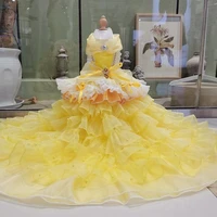 handmade luxury dog clothes wedding gown yellow trailing princess dress european palace evening dancing gem bow detachable skirt