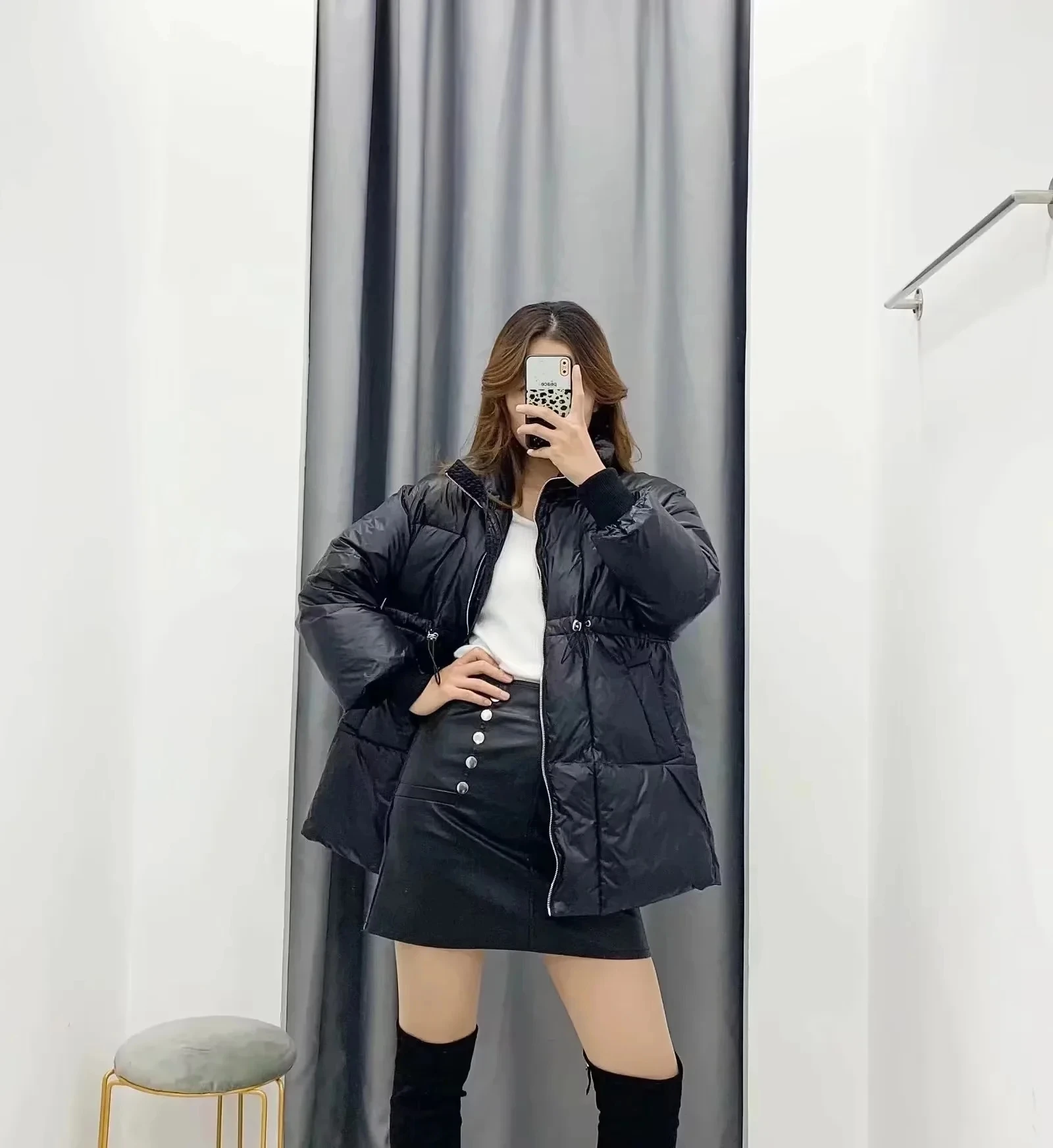 Autumn Winter Women's Three-color Three-way Fabric Mid-collar Long-sleeved Zipper Pocket Design Cotton Coat Keep Warm Windproof