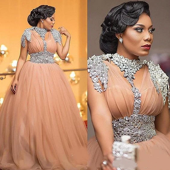 

Crystal Beaded Luxury Evening Dress Cape Sleeve Empire Waist Long Tulle Prom Gown Plus Size Arabic Special Occasion Wear