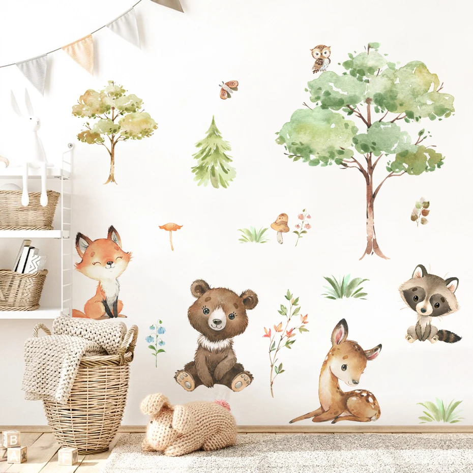 

Watercolor Woodland Animals Cartoon Bear Deer Tree Wall Stickers for Nursery Kids Rooms Boys Baby Room Decoration Home Decor