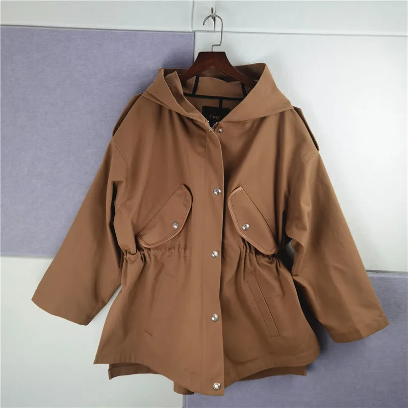 

2022 Spring and Autumn New Elegant British Style Contrast Color Elastic Drawstring Hooded Casual Windbreaker Jacket