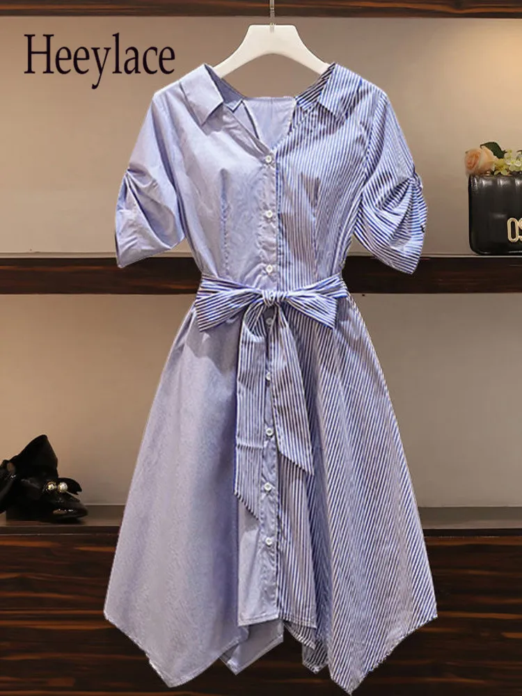 

Women Striped Patchwork Shirt Dresses For Women Summer Short Sleeve High Waist Irregular Single Breasted Vestidos