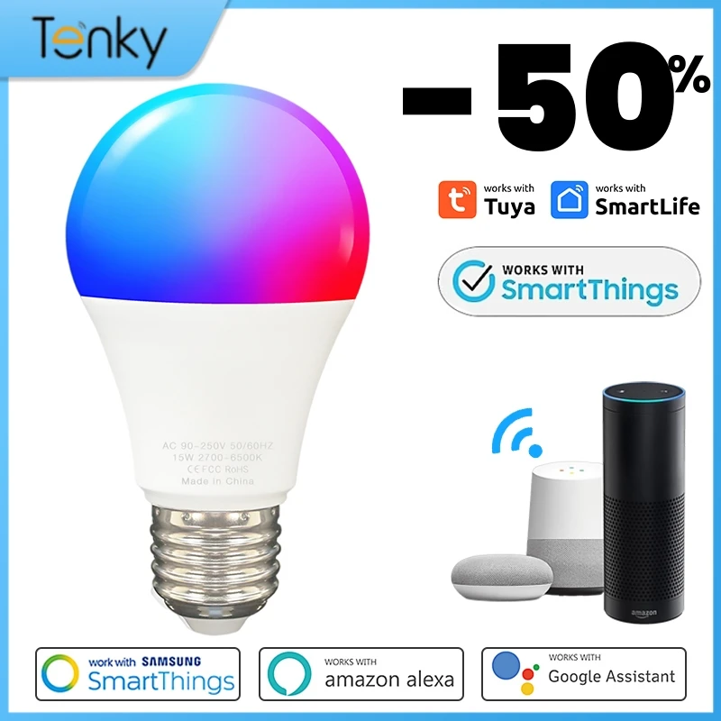Умная Светодиодная лампа TENKY Tuya B22 15 Вт с регулируемой яркостью 100-240 В умная живая