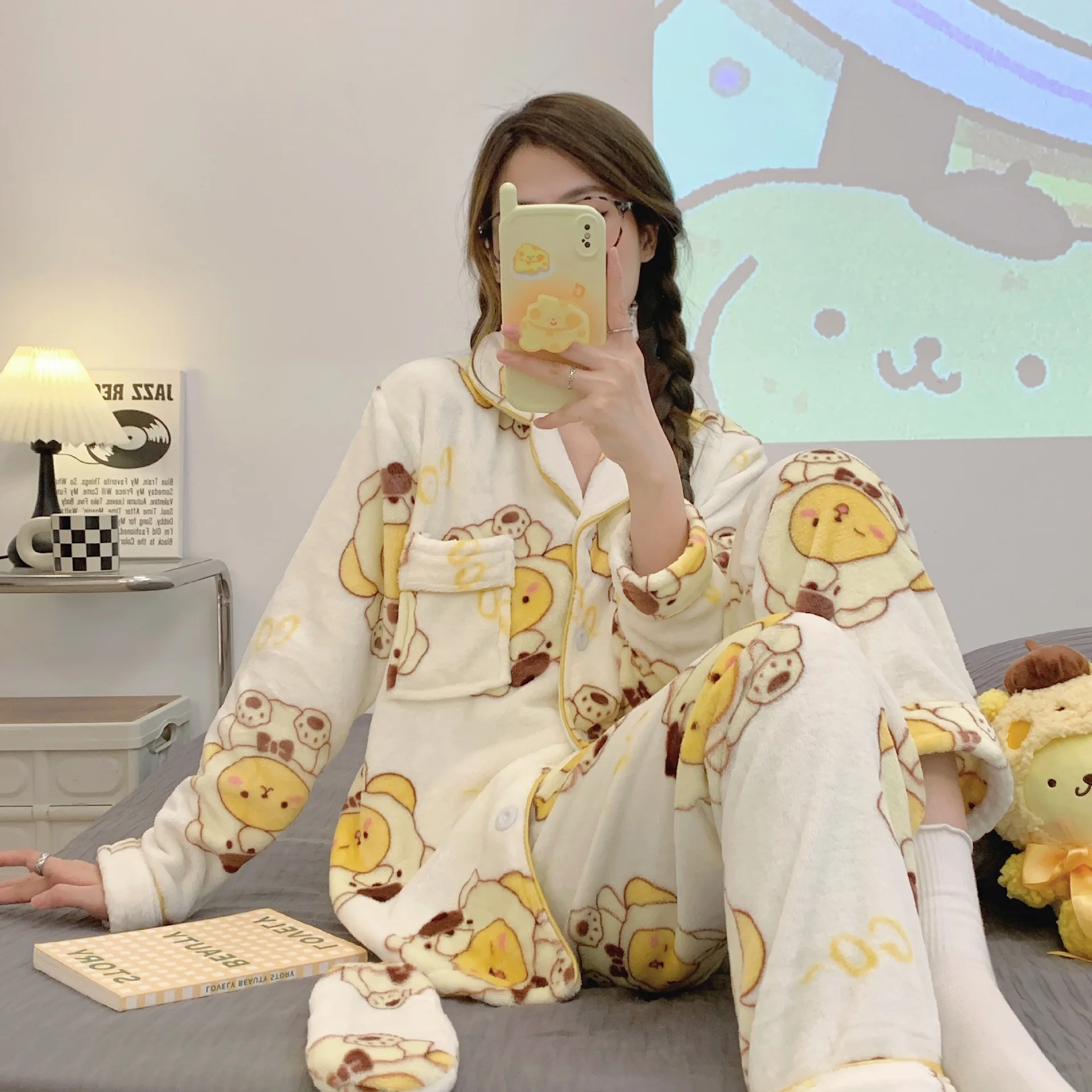 

Kawaii Sanrio Pom Pom Purin Pajama Sets Cartoon Anime Winter Warm Flannel Women's Pajamas Cute Casual Homewear Sets