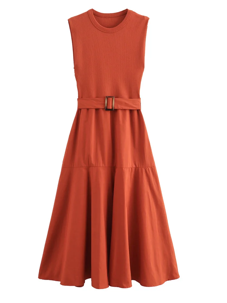 Женское винтажное платье с поясом круглым вырезом без рукавов