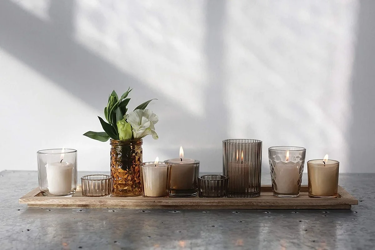 

22" x 5.5" Natural Wood Tray with 9 Unique Glass Votive Candle Holder Home Decorations for Living Room Dining Table Centerpieces