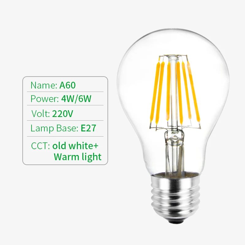 

A60 LED Bulbs 4W 6W Cold White Warm White 220V E27 Lamp Base Filament Bulb High Efficiency Energy Saving