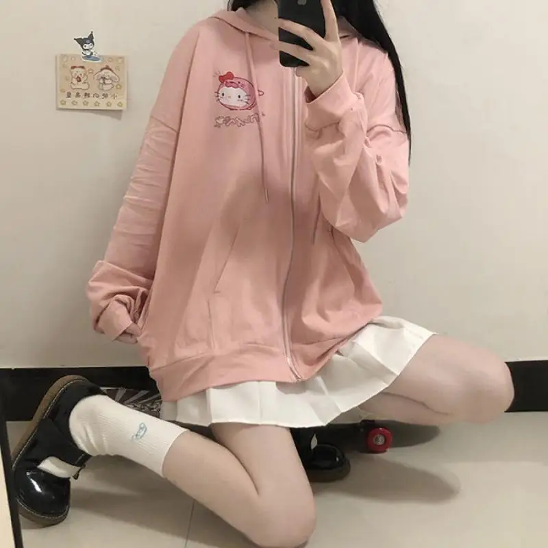 

Kawaii Sanrio Jacket Hellokitty Kuromi Cinnamoroll Pompom Purin Cartoon Print Hooded Sweatshirt Casual Top Women's Spring Autumn