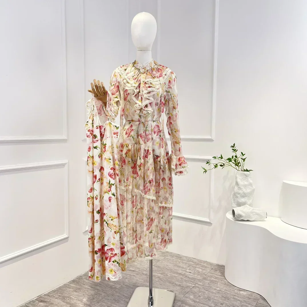 

Silk 2023 New Floral Printing Vintage Flounce Sleeve Summer Appliques Top Quality Strap Lace Trim Irregular Woman Midi Dress