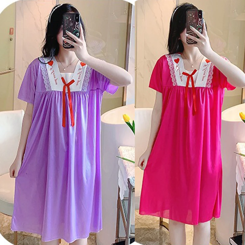 2Pcs/Lot New Summer 40kg To 100kg Ladies Short Sleeve Nightdress Breathable Ice Silk Ladies Homewear Size M L XL XXL 3XL 4XL