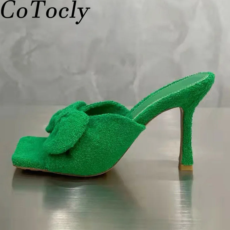 

Summer Bowknot High Heels Slippers Women Furry Slides Woman Square Peep Toe Mules Shoes Women Sandals Thin Heels Slippers Woman
