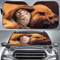 Cute Dog and Cat Friends Sleeping Together Image Car Sunshade, Cute Dog and Cat Friends Sleeping Together Auto Sun Shade, Windsh