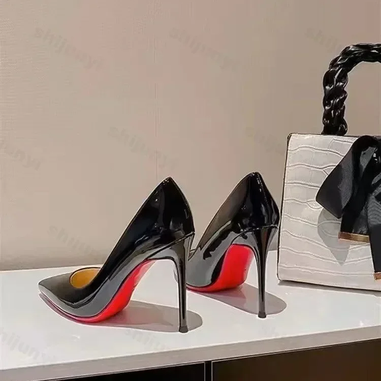 Black Patent Leather Pointed Toe Red Rubber Sole Women's High Heels Party Shoes Sexy Dress Stilettos 2025